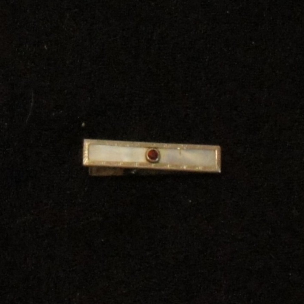 Vintage Tie Clip Red Stone Inlay Silver Tone Possibly Sterling Mid Century-READ